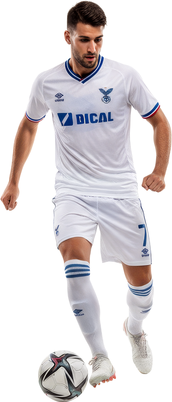 Footballer standing beside the product screen